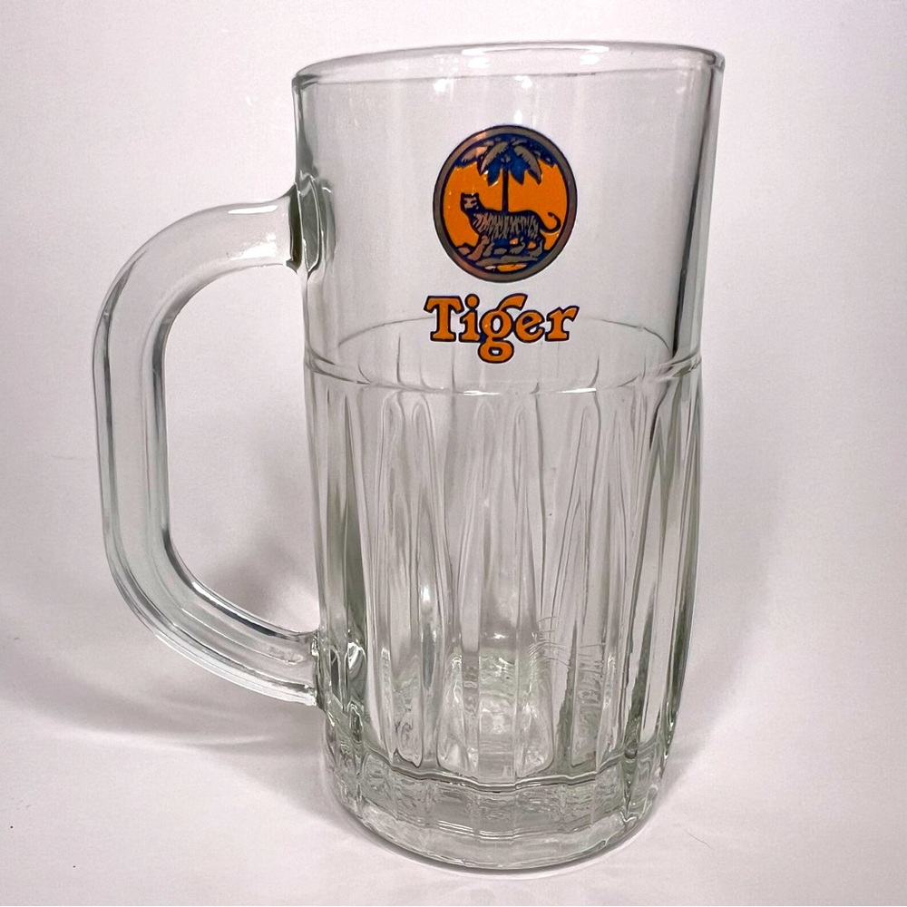 Vintage Tiger Beer Singapore Ribbed Glass Stein Mug Embossed Heavy Bottom